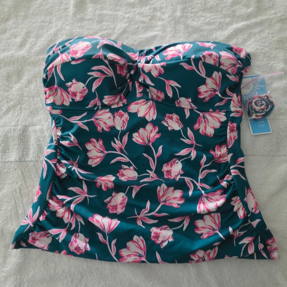 Draper James Teal Floral Strapless Swim Tankini Top with Pink Flowers